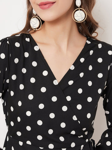 White Polka Dot Printed Wrap Mini Dress